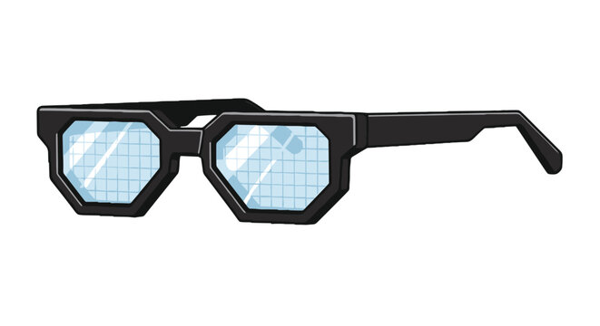 Cyberpunk style black frame glasses with blue grid pattern lenses isolated on white background in flat style.
