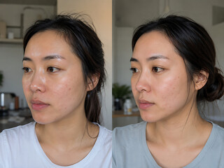 Fototapeta premium Oily Acne Skin Before and After on Asian Woman with Natural Shine Reduction
