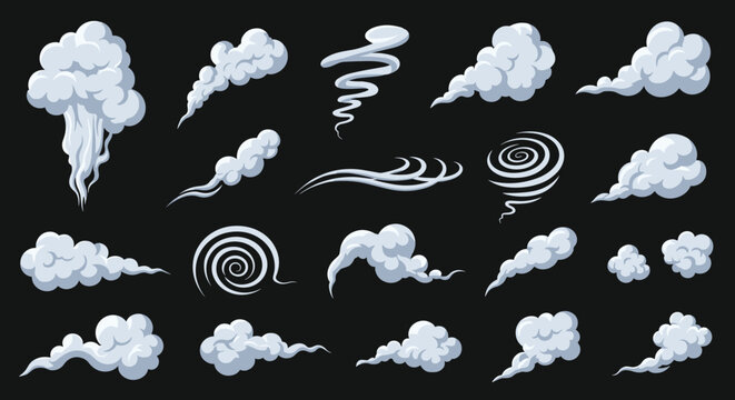 Collection of pixel art smoke puffs, dust clouds, and wind effects of various shapes isolated on a dark background.