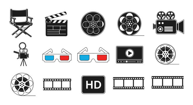 Collection of various movie and cinema related icons including cameras, film reels, 3d glasses, and a director chair.