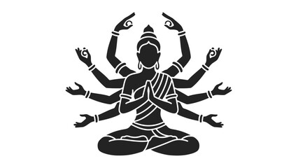 Fototapeta premium Silhouette of a Multi-Armed Goddess Meditating in Lotus Position, isolated white background, spiritual serenity.