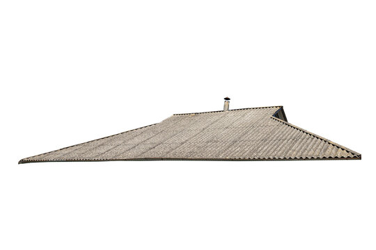 Corrugated roof geometry with sloping trapezoidal panels and chimney pipe