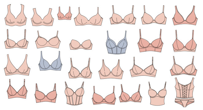 Extensive collection of women brassiere styles and shapes in nude and blue colors, vector fashion illustration.
