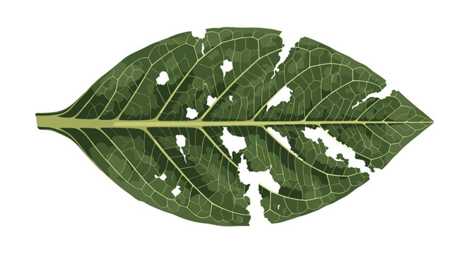Green leaf eaten by insects or pests showing numerous holes and damaged structure on white background.