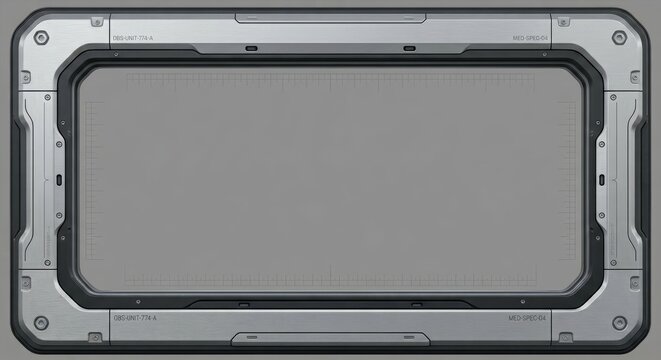 Detailed brushed metal futuristic frame with a blank gray display screen and technical markings. Ideal for high-tech UI/UX, game assets, or abstract digital backgrounds.