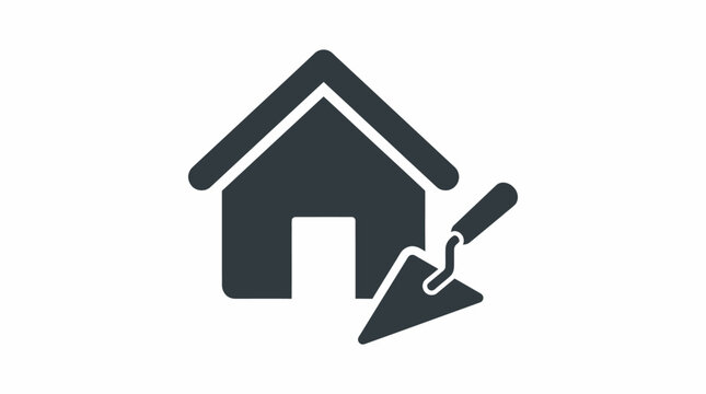 Minimalist house construction icon with masonry trowel, residential building repair and renovation symbol, black vector silhouette on white background