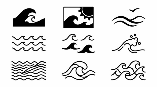 Minimalist ocean wave icons set, black and white sea surf vector illustrations, simple water ripple symbols for logo design and summer travel branding