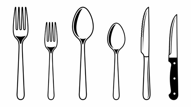 Cutlery vector set with fork, spoon, and knife, black and white kitchen utensil illustrations, 6 flat silverware icons for restaurant menus