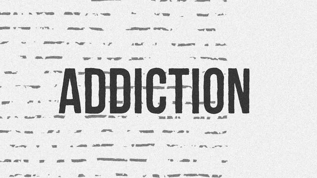 Addiction, distressed text, black typography, grunge design, white background