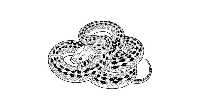 Coiled snake or serpent with checkered skin pattern detailed vector line art illustration on white background.