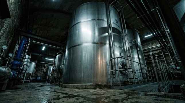 Industrial Stainless Steel Pressure Tank in a Dim Factory, Cinematic Low-Angle View of a Large Cylindrical Vessel