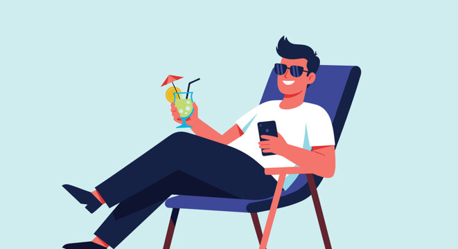 Young man in sunglasses relaxing on a lounge chair with a fresh cocktail and looking at his smartphone.