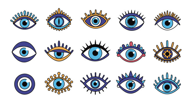 Large collection of fifteen stylized evil eye charms and mystical symbols with various unique shapes and gold decorations.