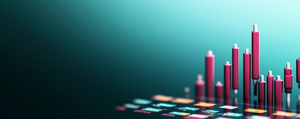 Obraz premium Subject A 3D financial candlestick chart. Colors Pinkmagenta bars, turquoiseteal gradient background. Composition Close-up, low-angleisometric perspective, shallow depth of field