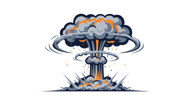 Giant mushroom cloud explosion with fire and smoke representing a massive nuclear blast on white background.