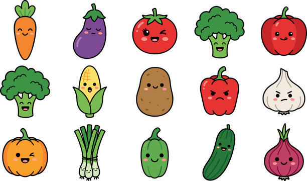 Cute vegetable cartoon characters vector illustration set with funny emoji faces carrot tomato broccoli pumpkin pepper onion and garlic icons