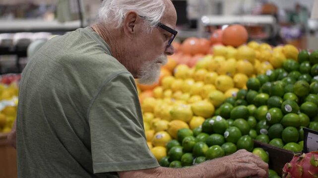 An elderly man walks through a grocery store selecting fresh fruits and vegetables. He inspects the produce carefully.