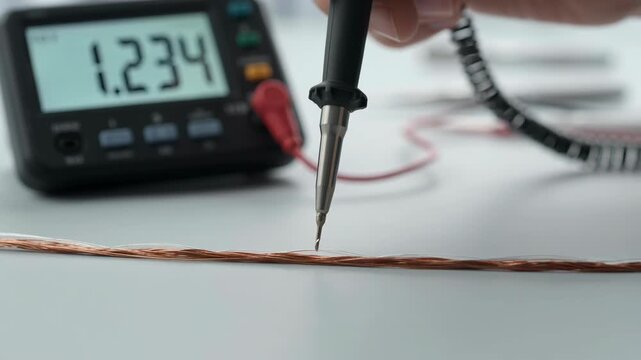 Engineer testing copper wire electrical conductivity using digital multimeter