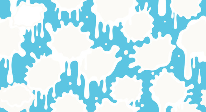 Beautiful seamless abstract pattern of dripping white liquid milk or paint over a vibrant light blue background.