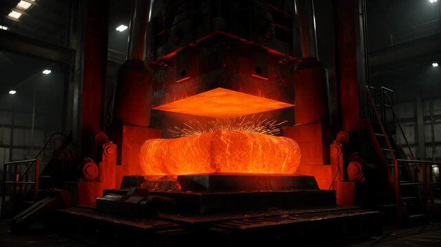 Industrial Hydraulic Press Forging Hot Glowing Metal Block in Steel Mill