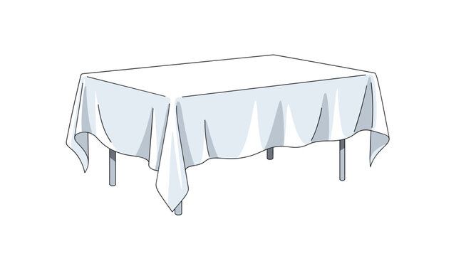 Simple rectangular dining and events table covered with a clean white draped tablecloth isolated on a white background.