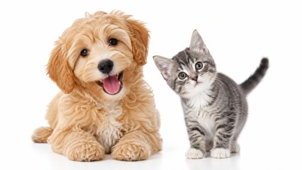 Obraz premium Fluffy golden puppy and tabby kitten posing together on white background share a joyful moment of friendship and curiosity