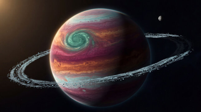 Ringed gas giant with swirling storm beneath icy planetary rings