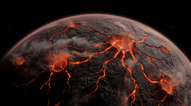 Volcanic exoplanet with glowing lava flows across fractured surface