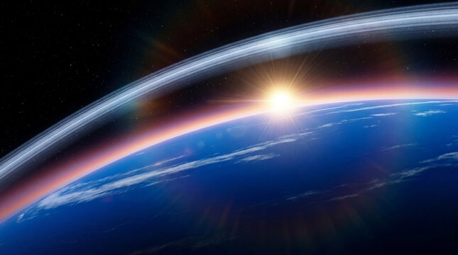 Sunrise above Earth horizon framed by planetary rings in space