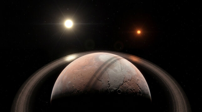 Ringed exoplanet illuminated by binary star system in deep space