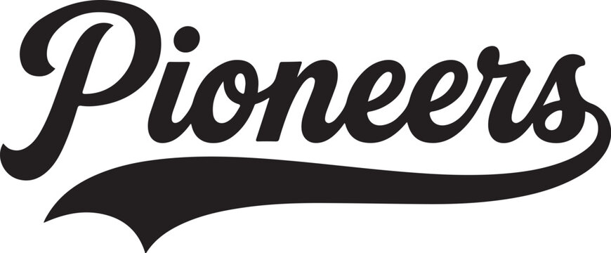 Pioneers wordmark script logo, athletic team typography with swoosh, vintage varsity font design, sports mascot lettering, black calligraphy vector, baseball style underline, collegiate apparel graphi