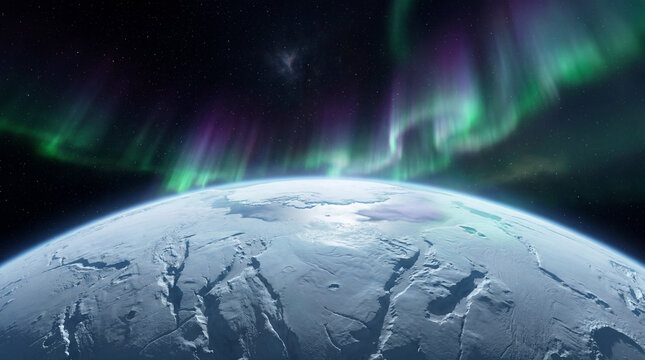 Colorful aurora above frozen exoplanet beneath a star filled sky
