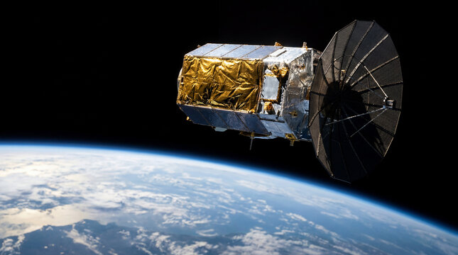 Communications satellite with parabolic antenna orbiting above Earth