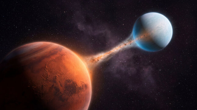 Twin exoplanets connected by a stream of cosmic debris in deep space