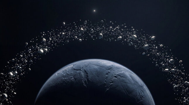 Rocky exoplanet surrounded by dense asteroid ring in deep space