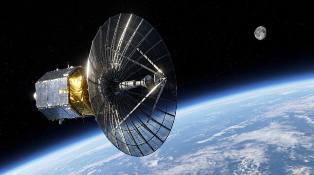 Communications satellite with large antenna orbiting above Earth and Moon