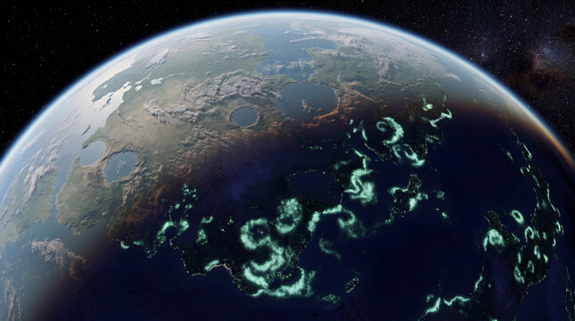Habitable exoplanet with cratered continents and glowing coastal waters
