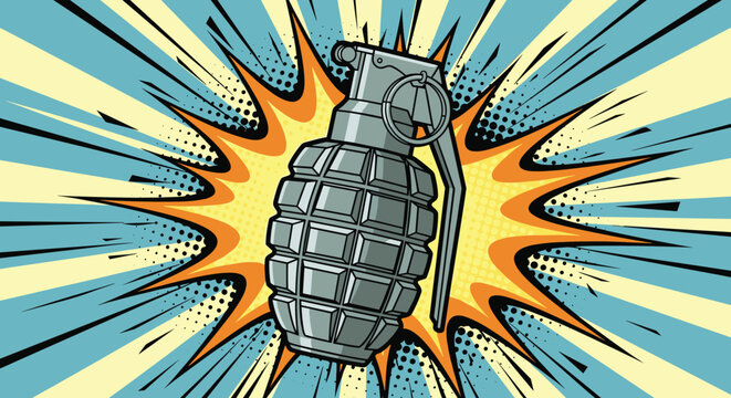 Hand grenade weapon in retro pop art comic book style with explosion blast background in yellow and blue.