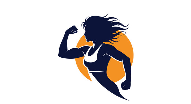 Silhouette of muscular fitness woman flexing her bicep in front of a golden sun background with flowing hair.