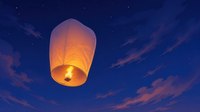 A single glowing sky lantern ascends into the twilight sky, carrying wishes and dreams upwards.