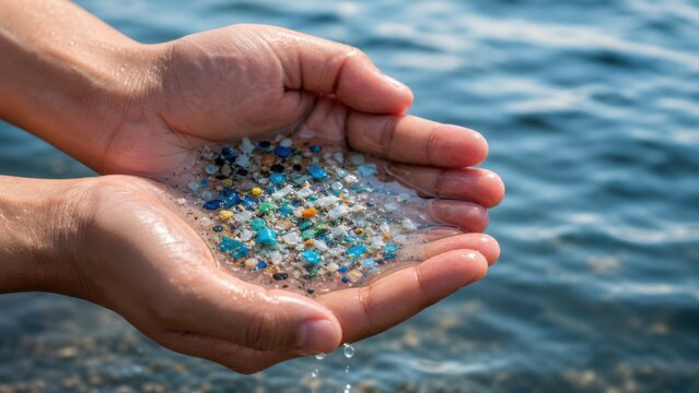 Hands holding water filled with colorful microplastics demonstrate the devastating impact of plastic pollution and ocean waste on ecosystems