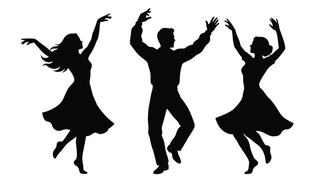 Three elegant dancing figures depicted as black silhouettes against a clean and bright white background area