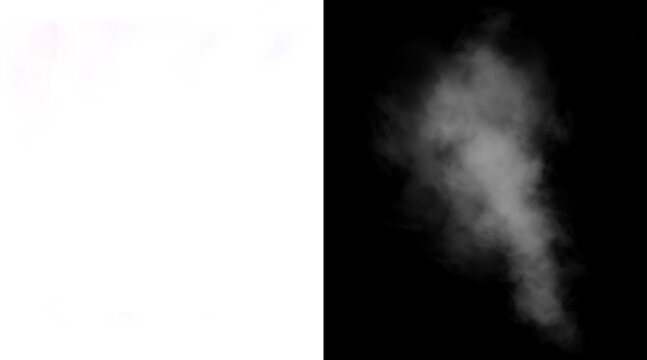 Atmospheric white smoke plume on black background, ethereal steam vapor texture, realistic fog mist element for compositing and design