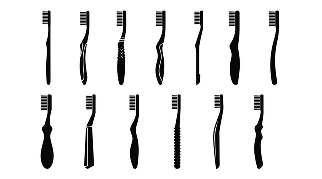 A collection of various black toothbrush silhouettes featuring diverse handle shapes arranged in neat rows