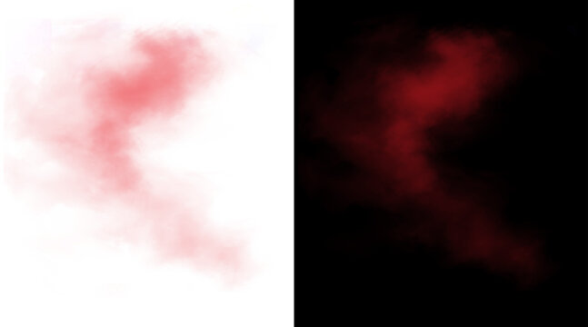 Red smoke explosion on white and black backgrounds, ethereal crimson mist texture, atmospheric scarlet powder cloud for creative overlays