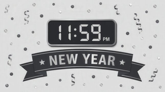 Digital Clock Displays 1159 PM Amidst New Year Confetti and Streamers, Countdown Celebration