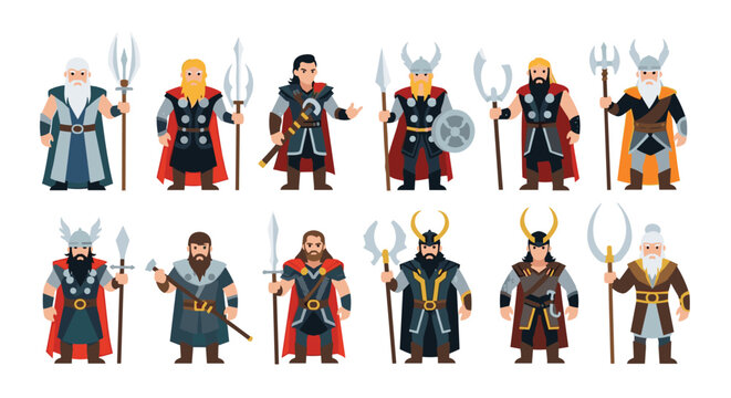 Set of powerful viking warriors and norse fighters holding ancient weapons like axes and spears in cartoon style.