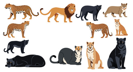 Obraz premium Beautiful set of wild big cats including lions, leopards, cheetahs, and panthers in various natural poses.