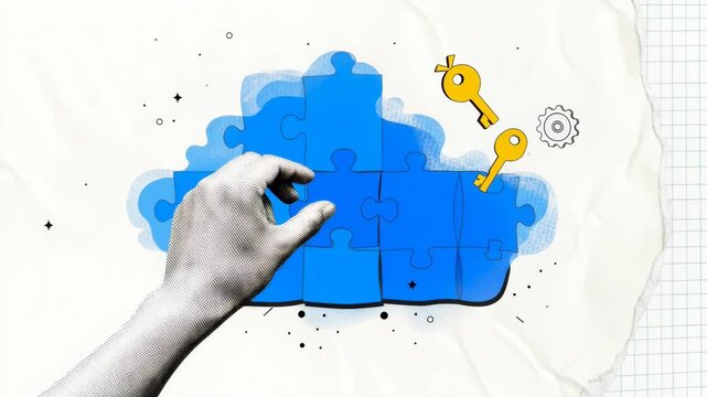 Hand Assembling Cloud Jigsaw Puzzle Representing Data Security and Cloud Computing