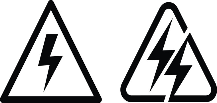 High Voltage Danger and Electrical Shock Warning Icon Set with Lightning Bolt Symbols inside Triangular Caution Sign Frames for Safety Labels